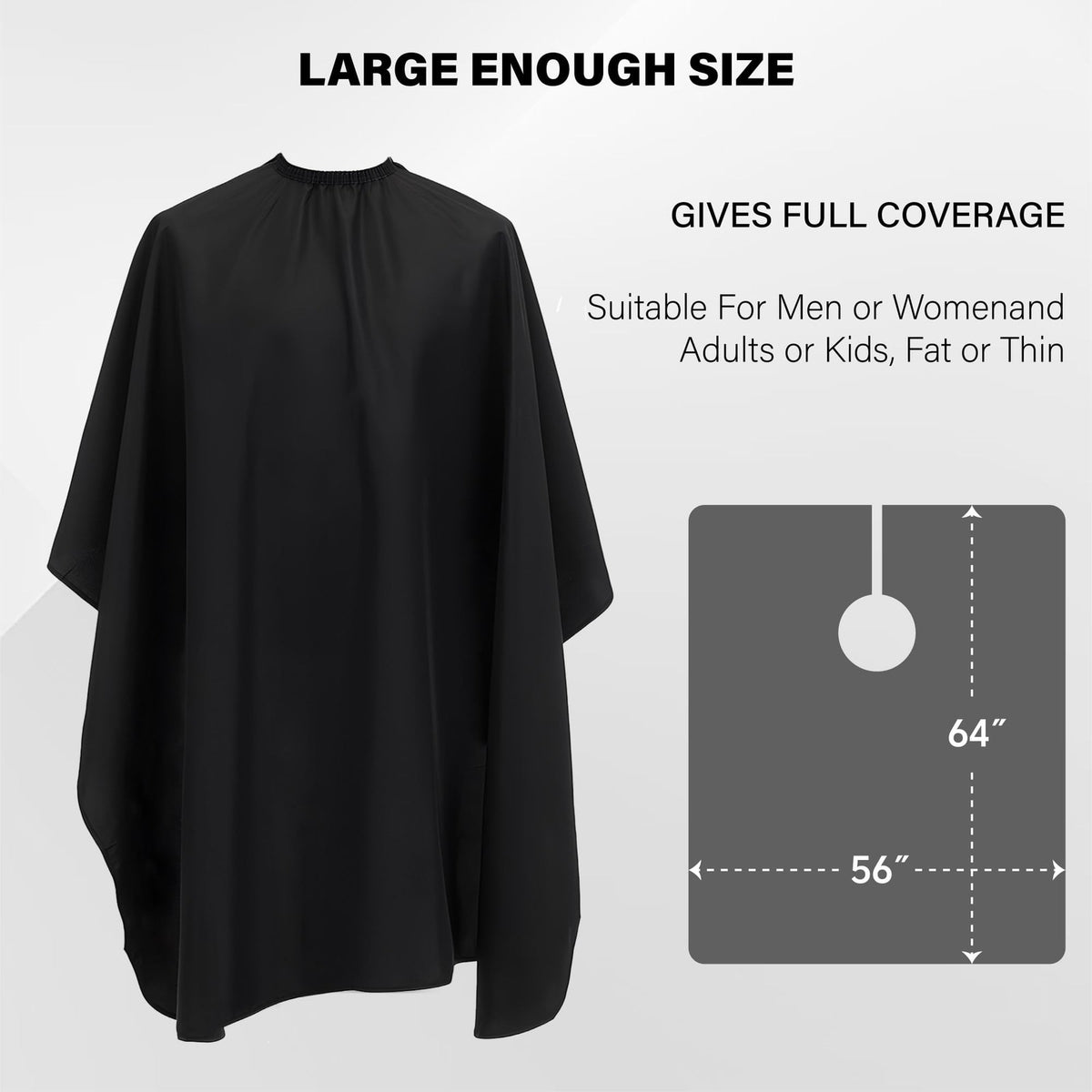 Waterproof Barber Cape for Men & Women - Large 64 x 56 Inches, Adjustable Neck, Black