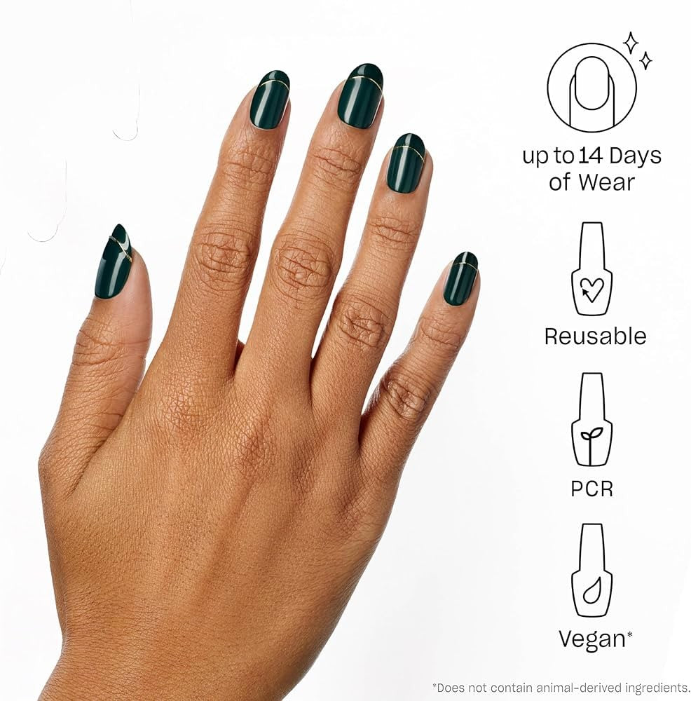 Press On Nails Short Oval Dark Green with Gold - 24 Pc