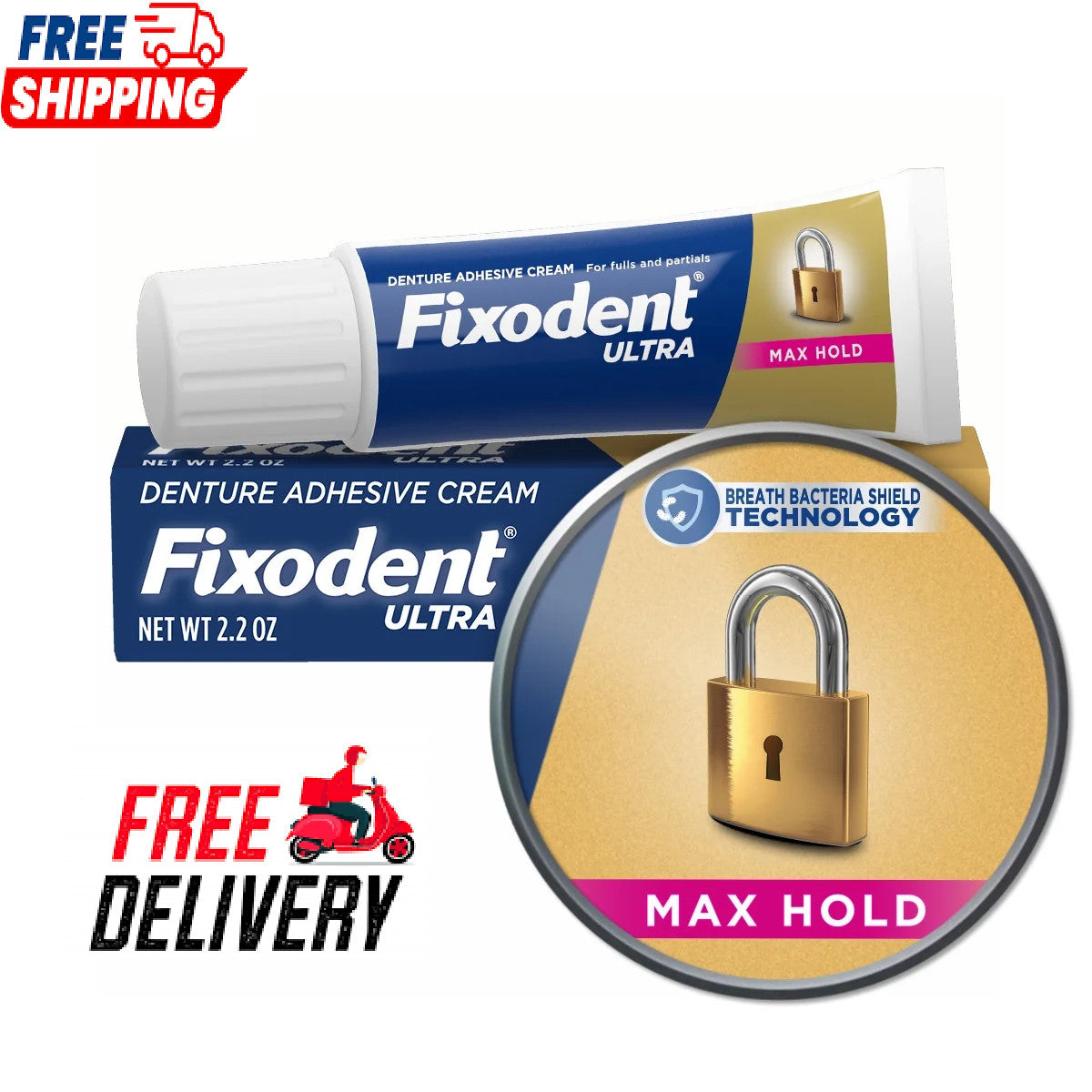 Denture Adhesive Cream Max Hold 2.2 oz Strong All-Day Secure Fit