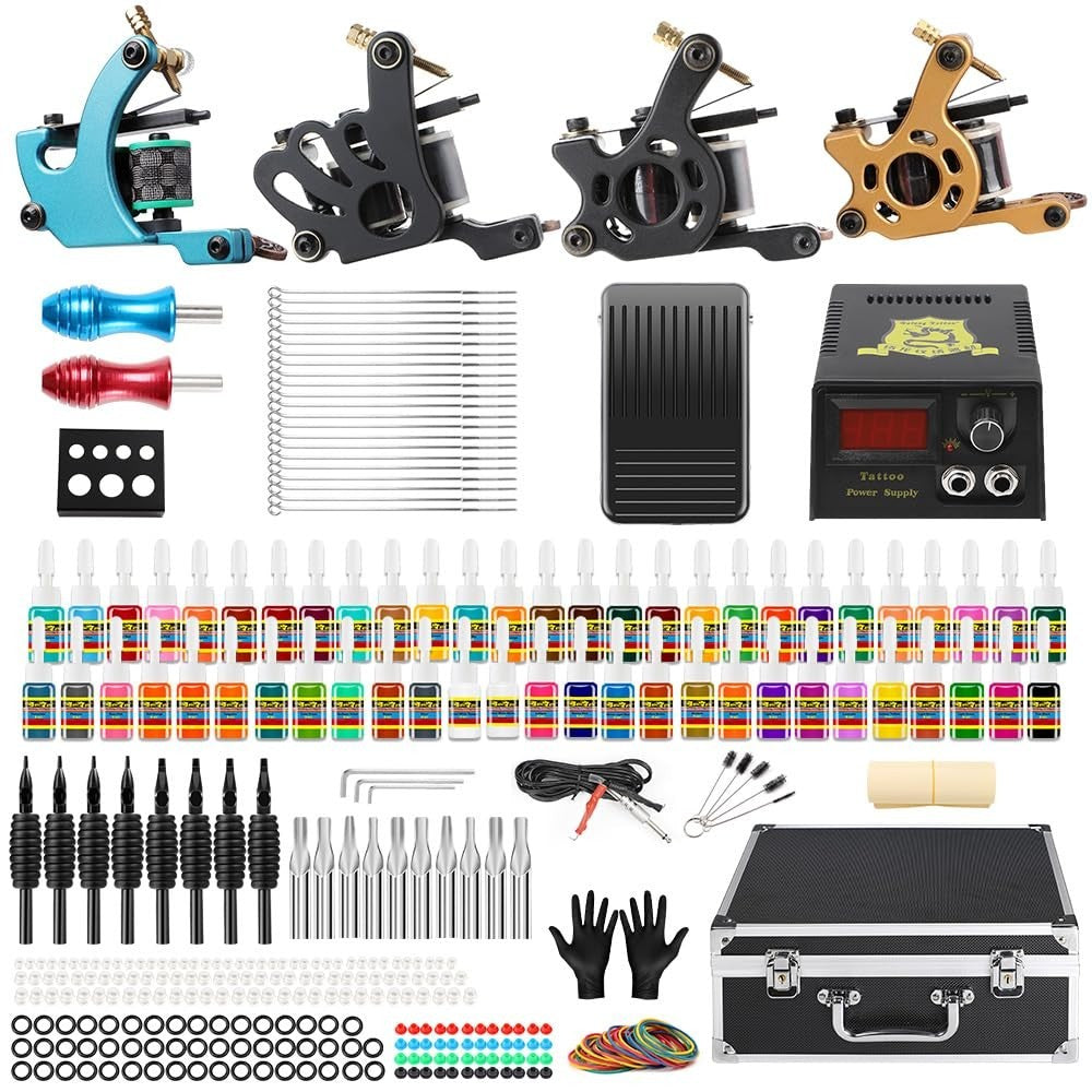 Complete Tattoo Kit with 4 Tattoo Machines, 54 Inks, Power Supply & Foot Pedal