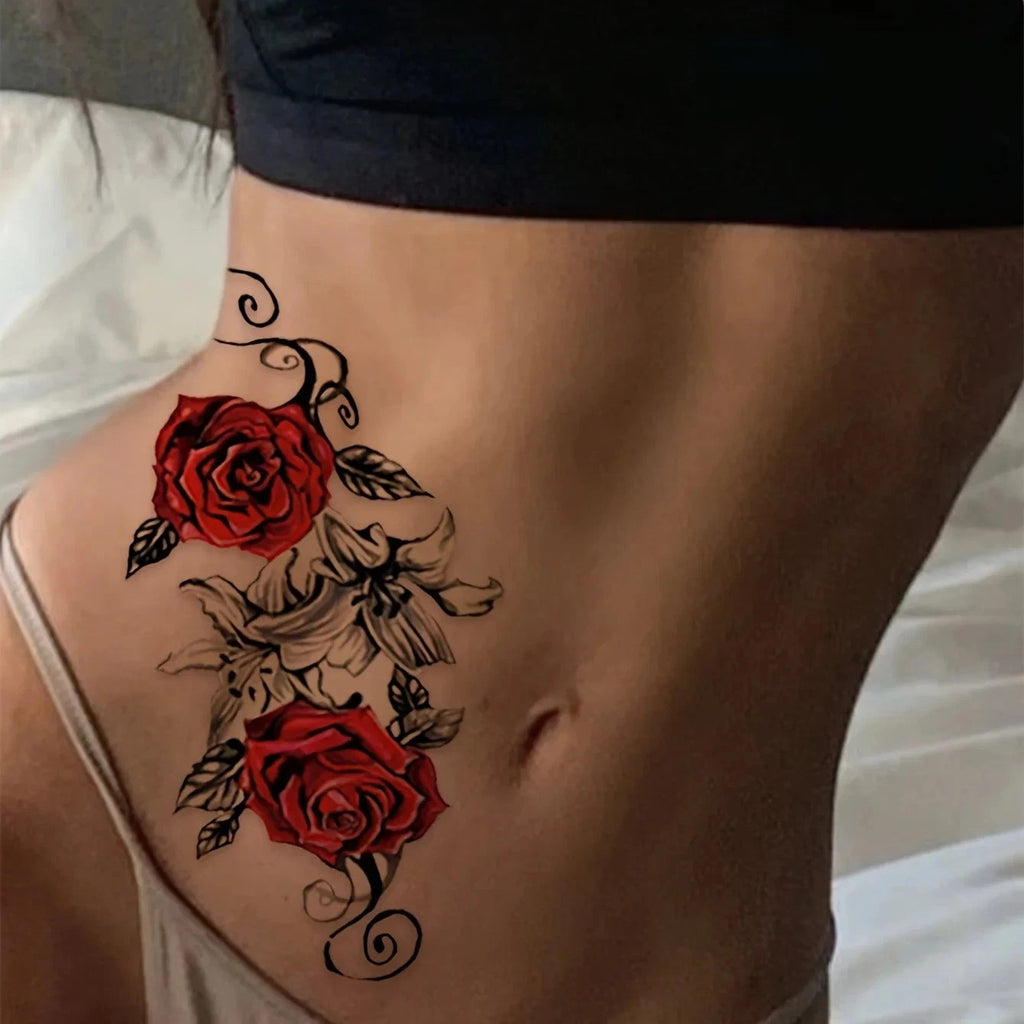 Waterproof Red Rose Temporary Tattoos - 2pc Floral Body Art for Arm Leg Chest