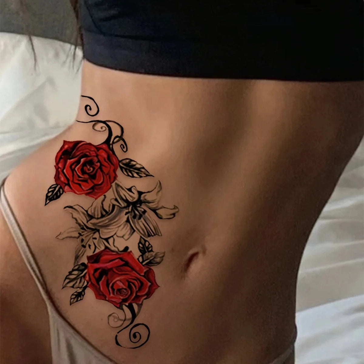 Waterproof Red Rose Temporary Tattoos - 2pc Floral Body Art for Arm Leg Chest