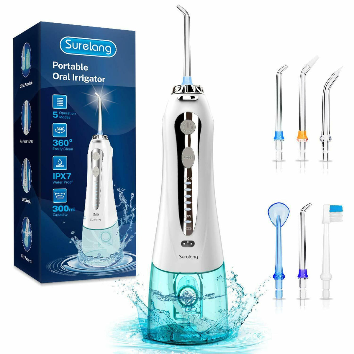 Cordless Dental Water Flosser with 5 Jet Tips, IPX7 Waterproof, Rechargeable