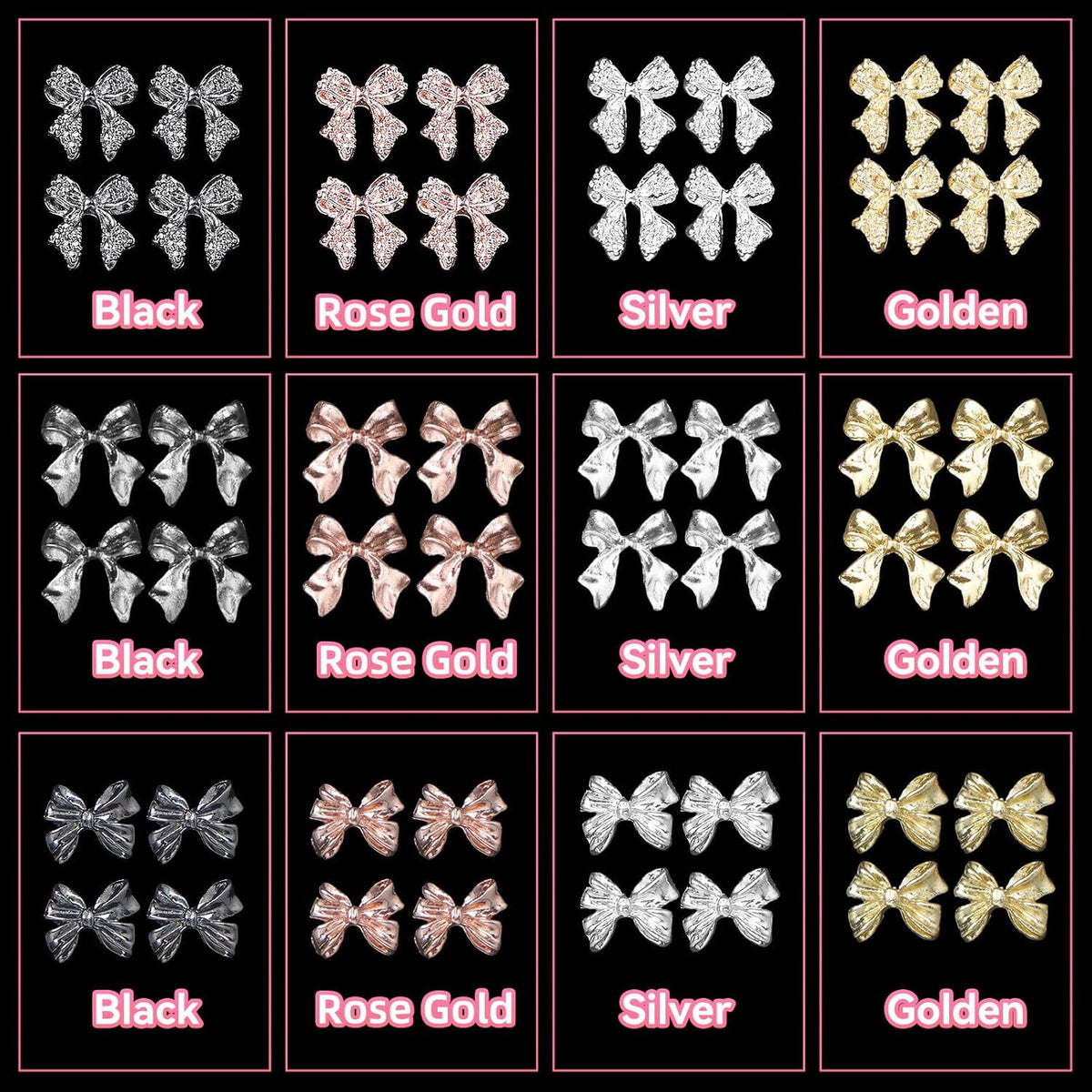 Metal Bow Nail Charms 60 Pcs for Nail Art - 12 Styles Silver Gold Black