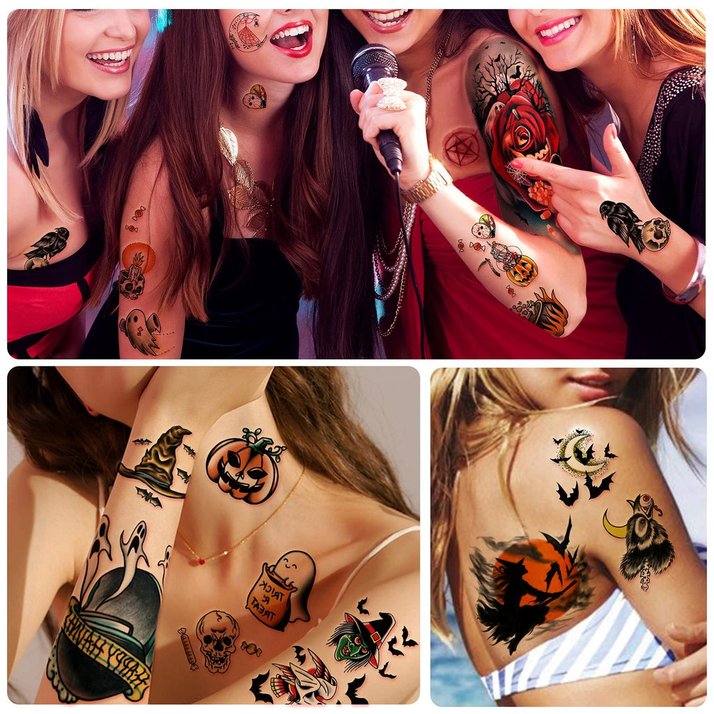 Halloween Temporary Tattoos Set - 40 Sheets Large Pumpkin Witch Designs