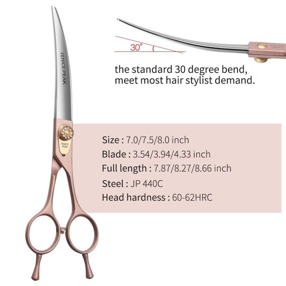 Professional Curved Dog Grooming Scissors 7.5'' Rose Gold Stainless Steel