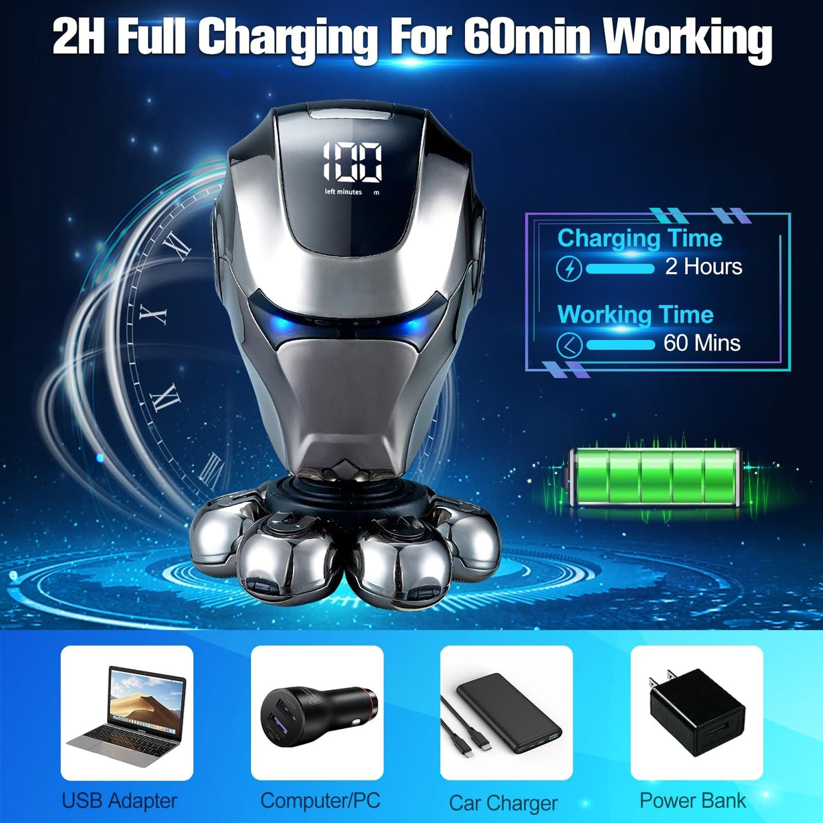 7D Electric Head Shaver for Bald Men Wet Dry Upgrade 9-in-1 Floating Head