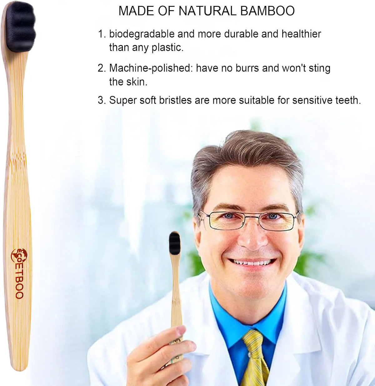 Eco-Friendly Bamboo Toothbrushes 10 Pack with Ultra-Soft Nano Bristles