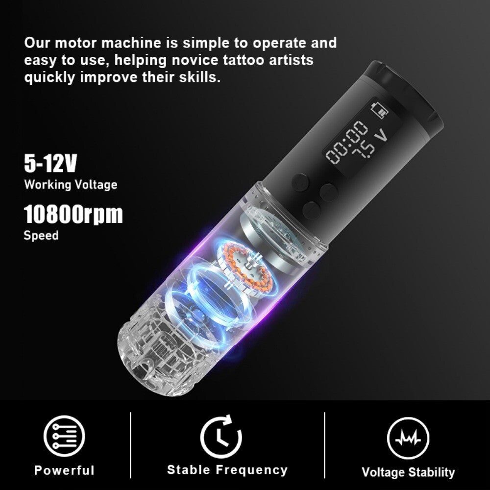 Tattoo Pen Machine Kit with Coreless Motor, 1300mAh Battery, Wireless Power