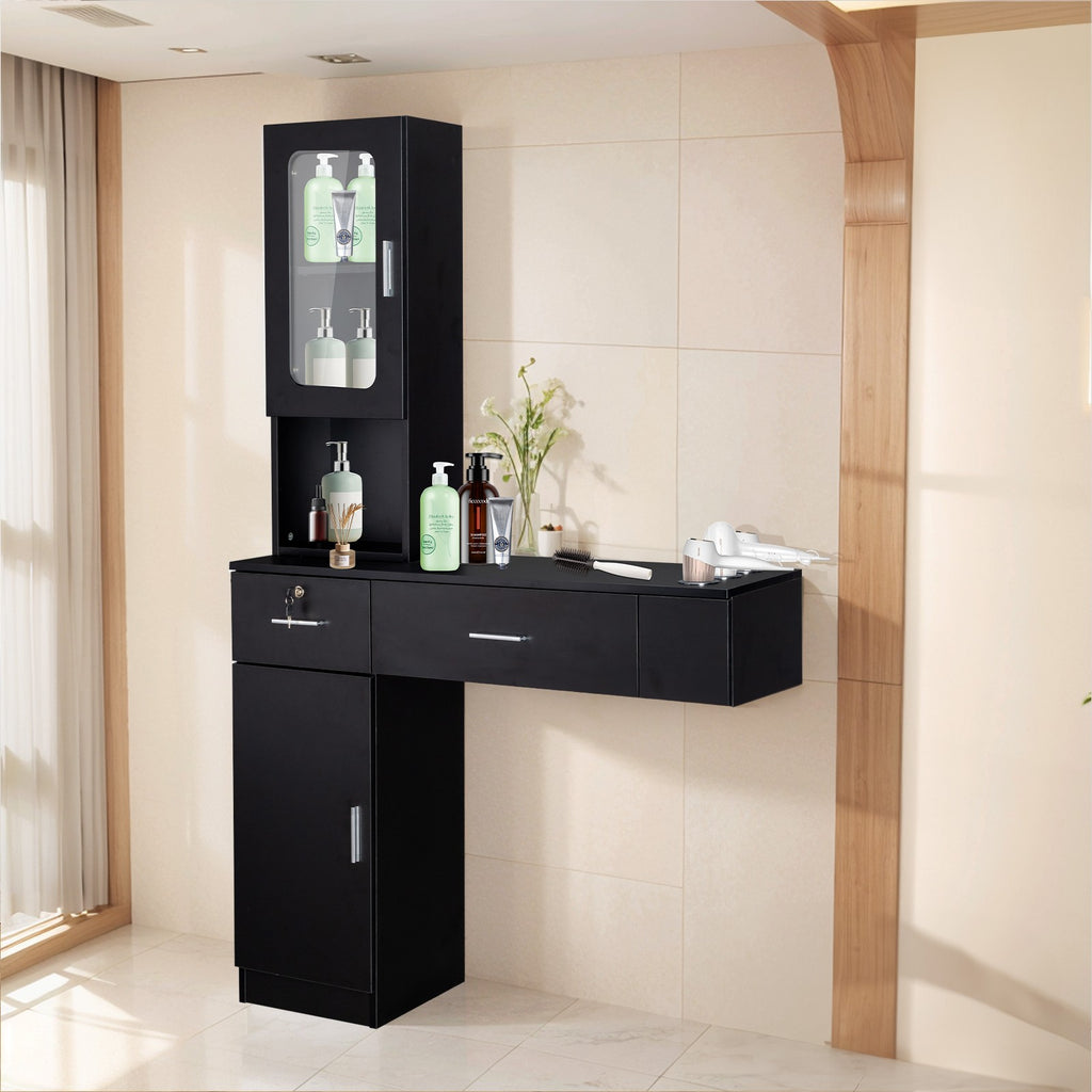 Salon Station Barber & Beauty Spa Storage Cabinet with Glass Door and Drawers