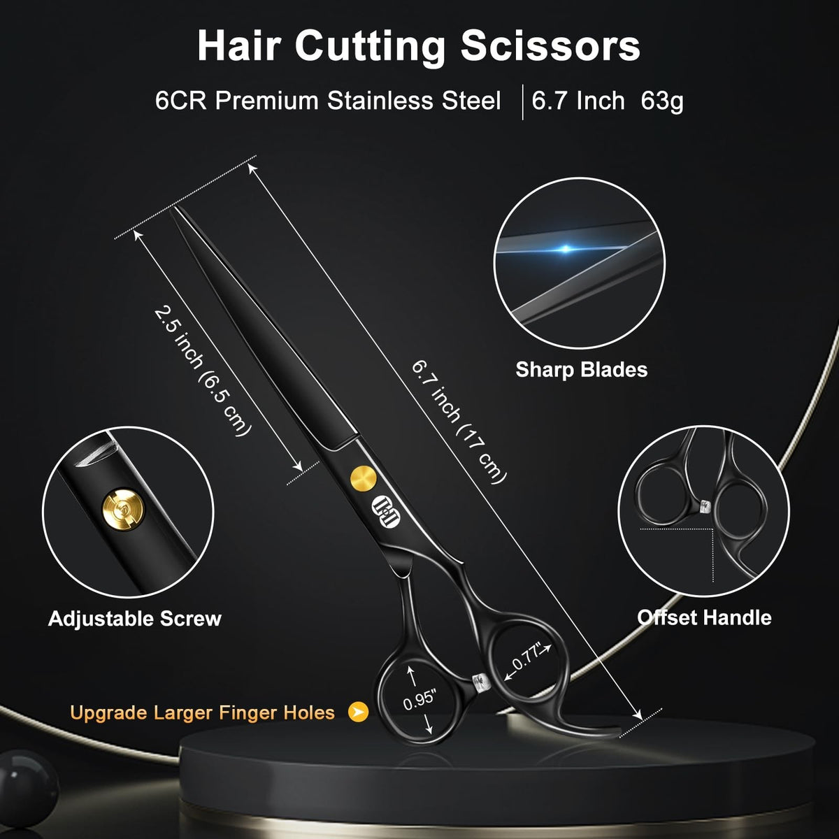 Professional Hair Cutting Scissors Kit 6.7 Inch Barber Shears Set Black