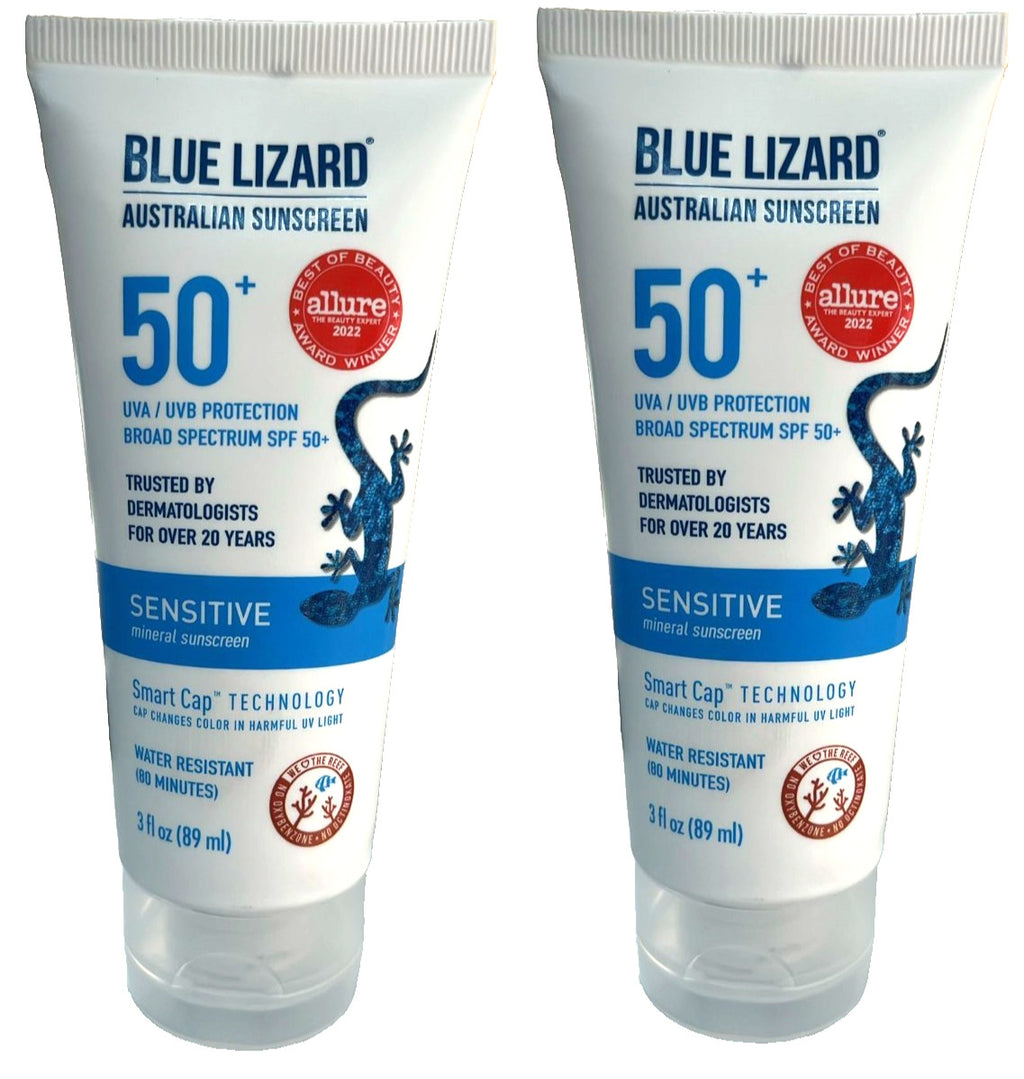 2X Blue Lizard Sensitive SPF 50+ Mineral Sunscreen Lotion - 3 Oz Each, Exp 01/26