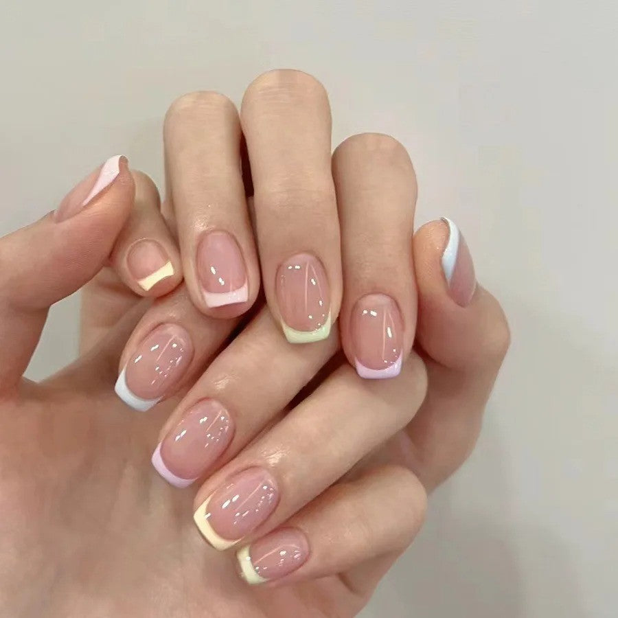 24-Piece Short Square Fake Nails with Color Block Print & Jelly Glue Set