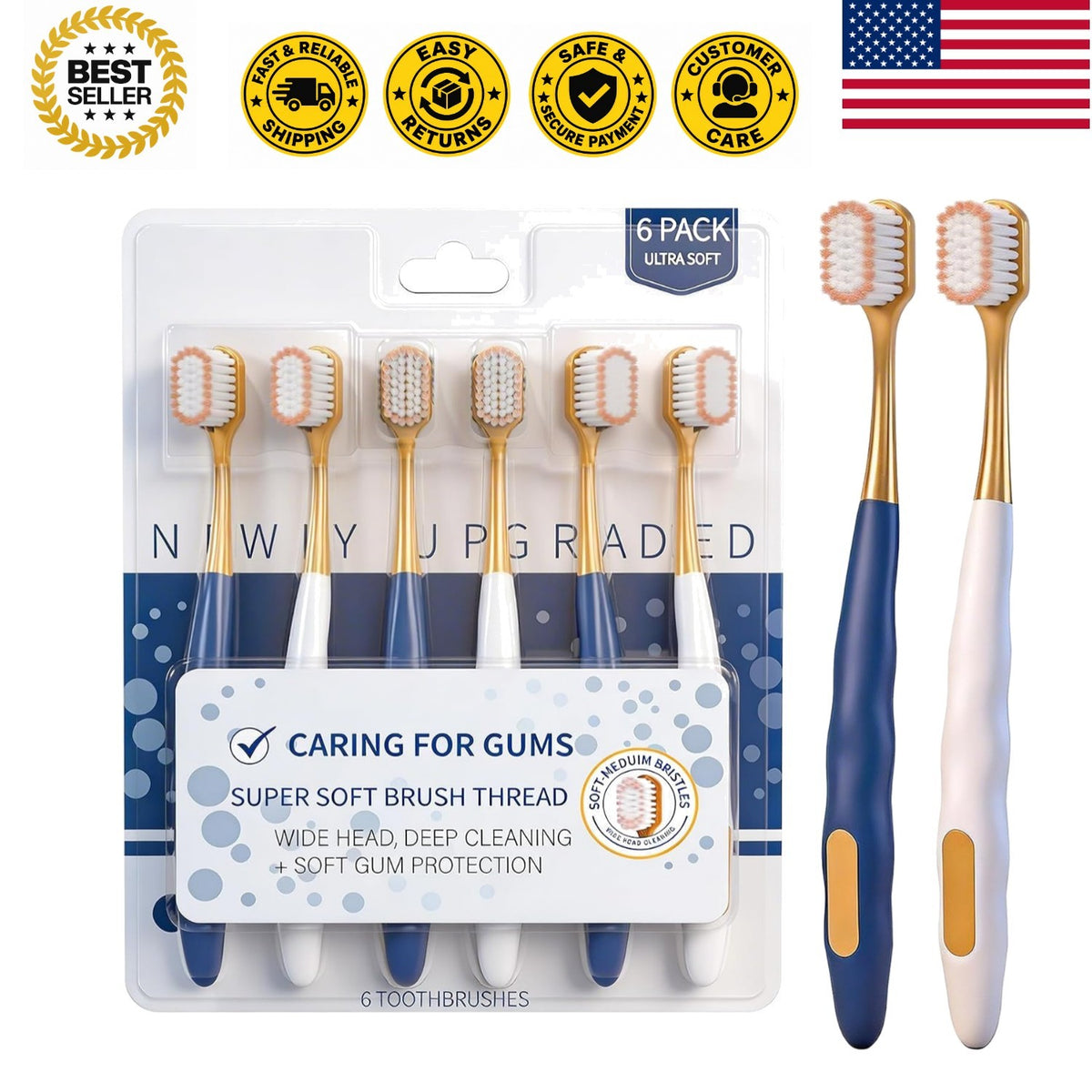 Adult Wide Head Soft Toothbrush Set - Gentle Cleaning for Sensitive Gums