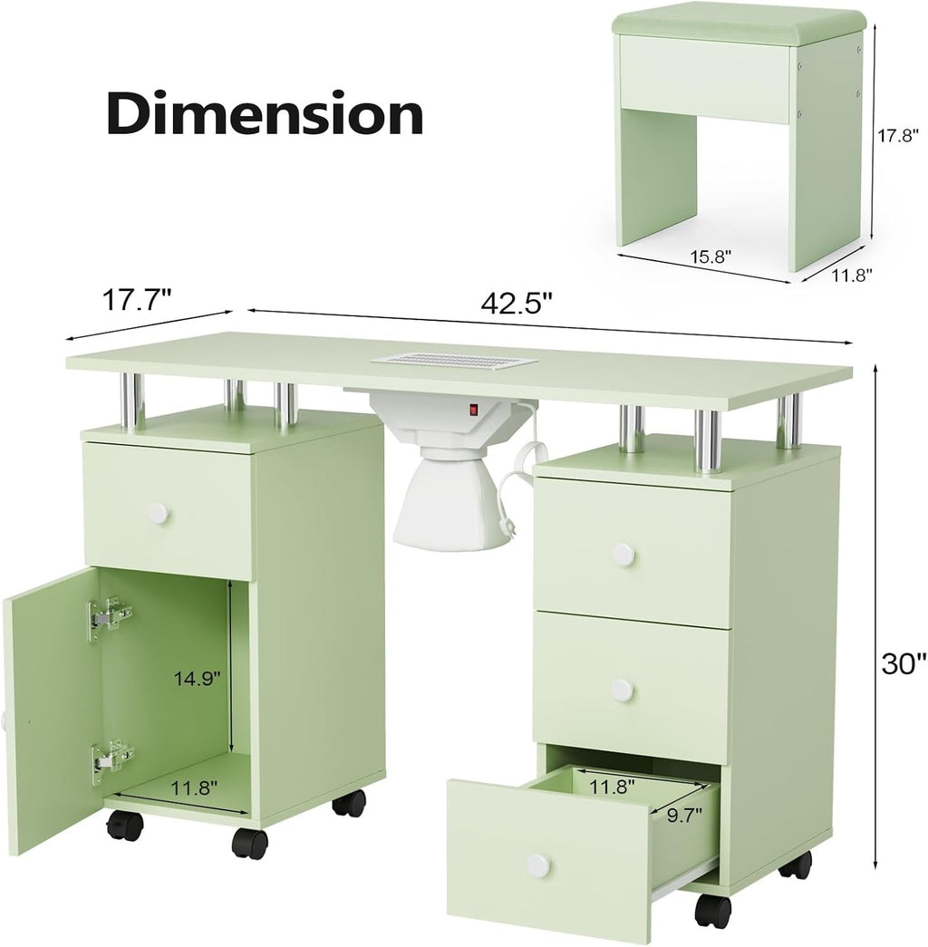 Professional Nail Desk and Chair Set with Dust Suction System, Storage Drawers