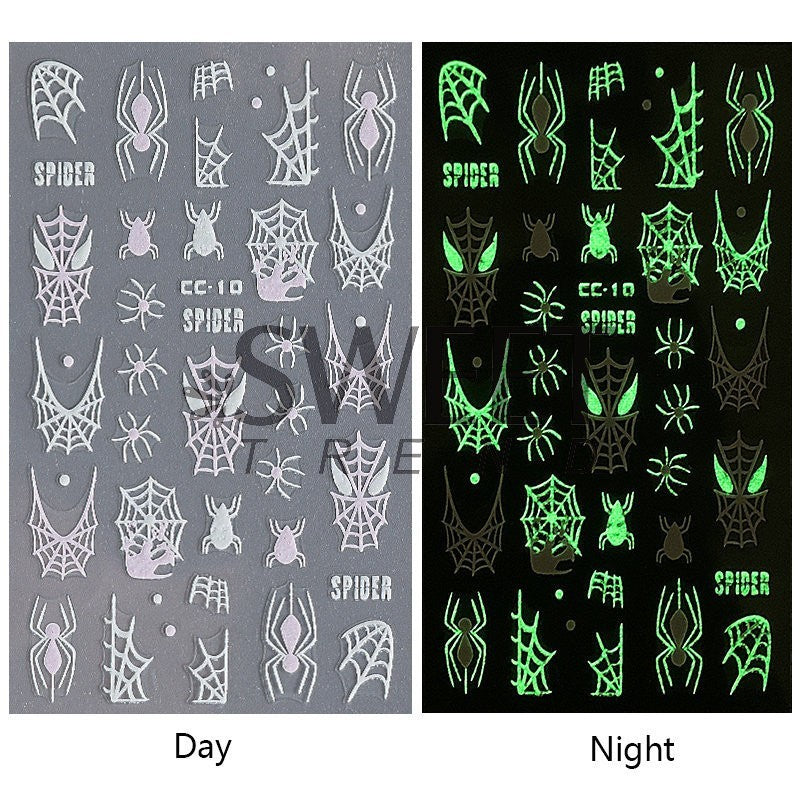 Glow in The Dark Halloween Nail Decals Ghost Spider Web Skull - 4 Sheets