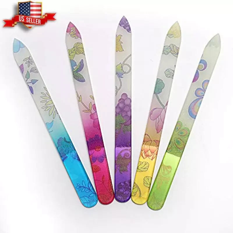 Glass Nail File Set with Case - Double Sided Crystal Manicure Tools, Colorful Flower Pattern