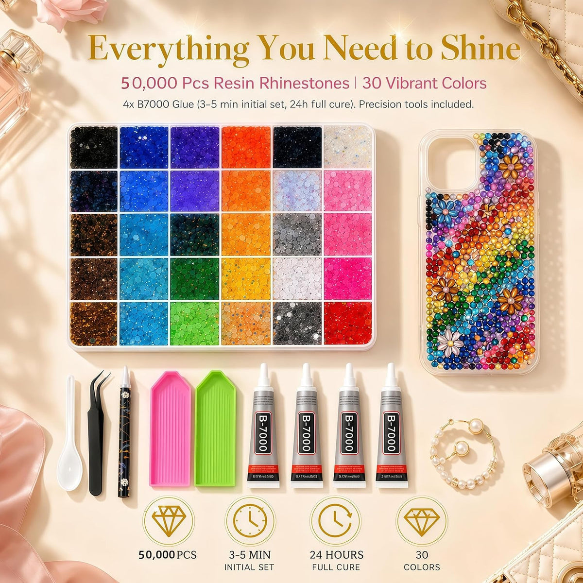 50,000 Pcs Rhinestone Kit with Resin Gems & Jewelry Glue for Crafts & Jewelry Making