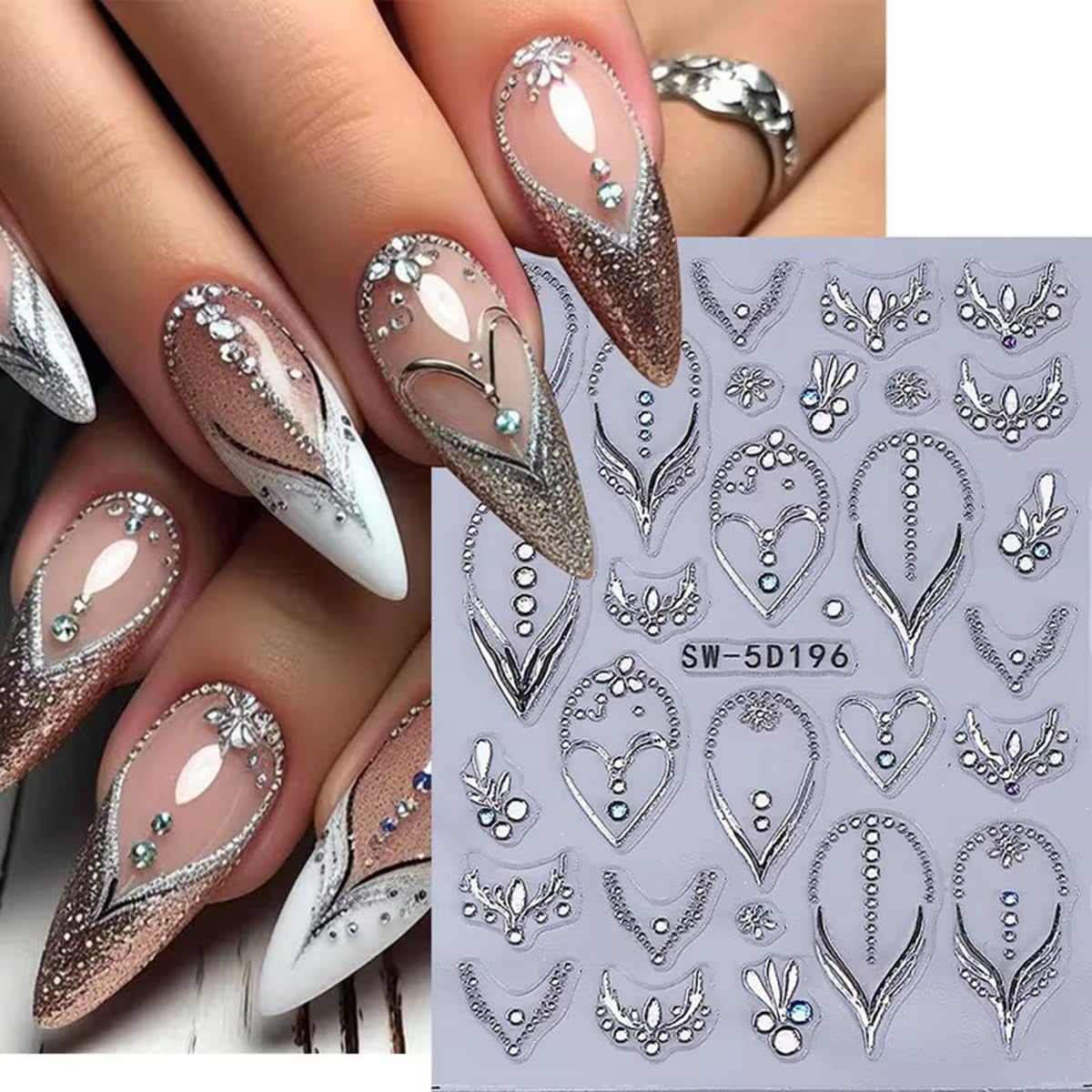 French Nail Art Stickers with 3D Rhinestones & Embossed Designs - 2PCS