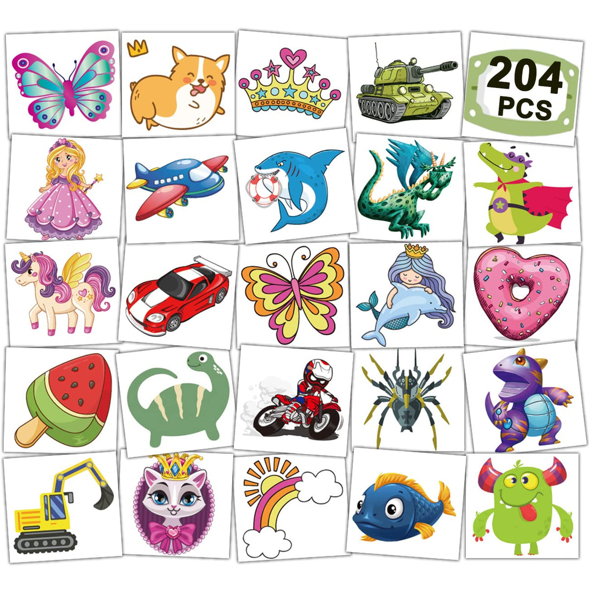 204 Pack Kids Temporary Tattoos - Individually Wrapped Fun Party Tattoos