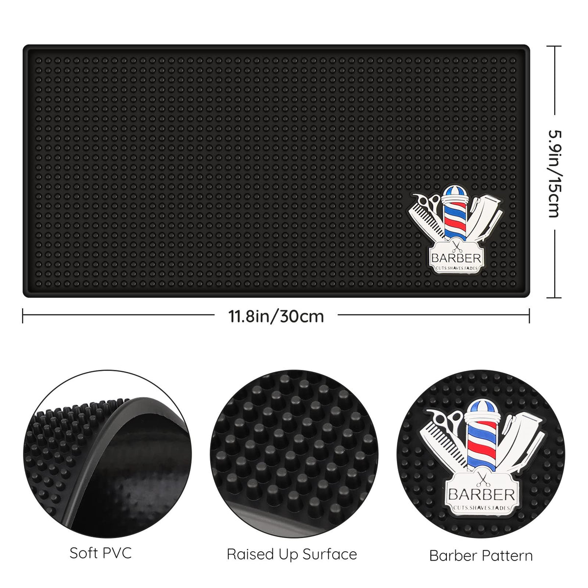 Barber Station Mat Non-Slip PVC Protector for Countertop and Workstation, Black, 11.8 x 5.9 Inches