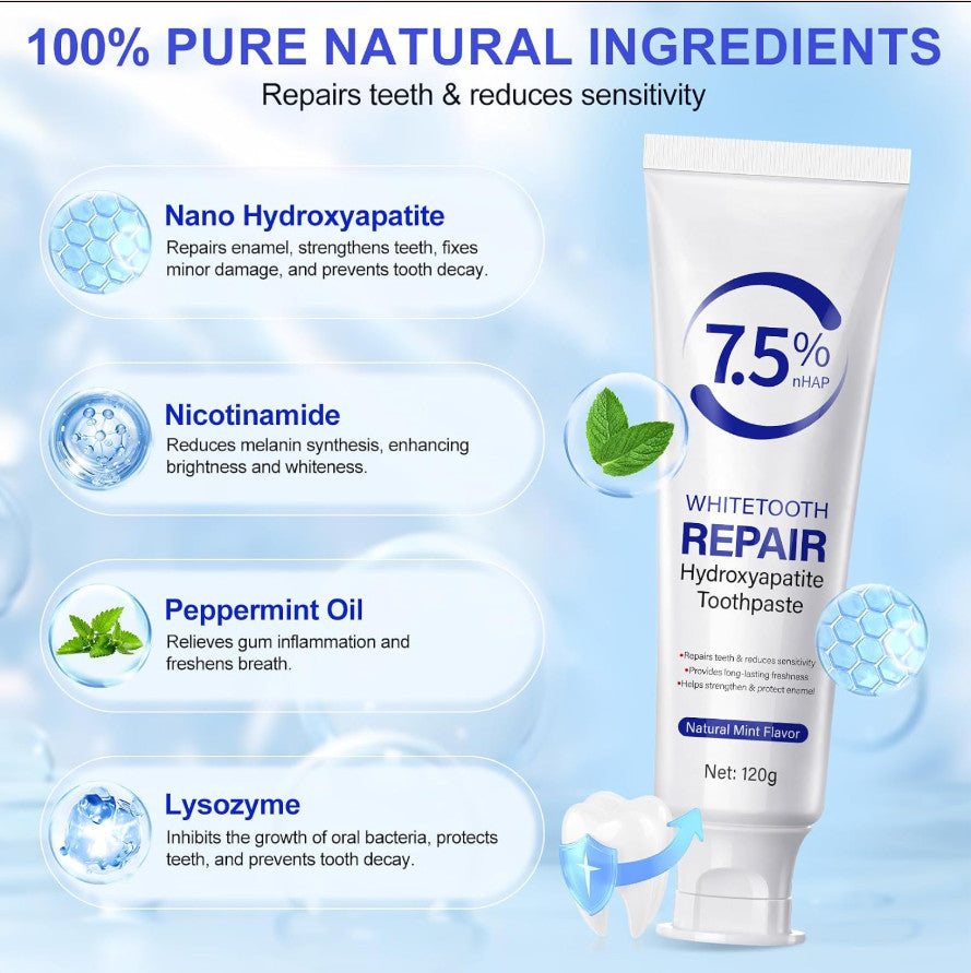 Hydroxyapatite Toothpaste for Sensitive Teeth and Stains - Fluoride-Free 120g