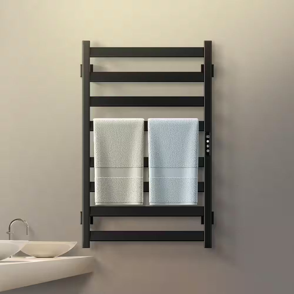 Electric Wall-Mounted Towel Warmer with 8 Bars - Black, Plug-In & Hardwired
