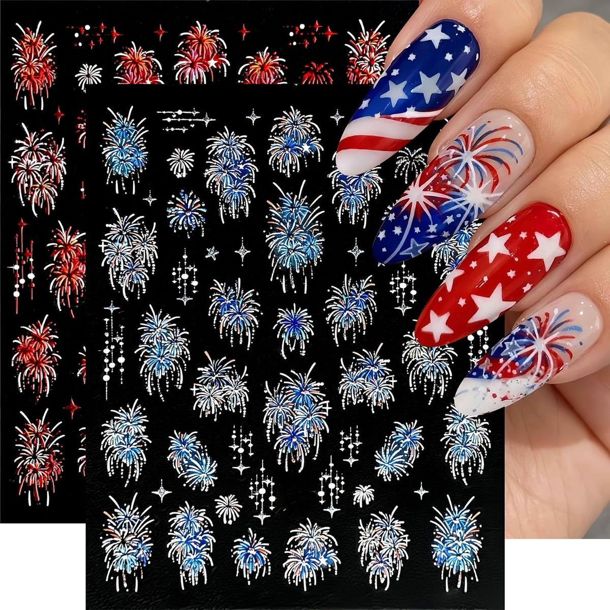 Colorful Fireworks Nail Stickers 5D Embossed Decals for Nail Art - 3 Sheets