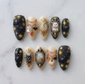 Custom Handmade Halloween Press-On Nails with Bat Ghost and Pumpkin Designs