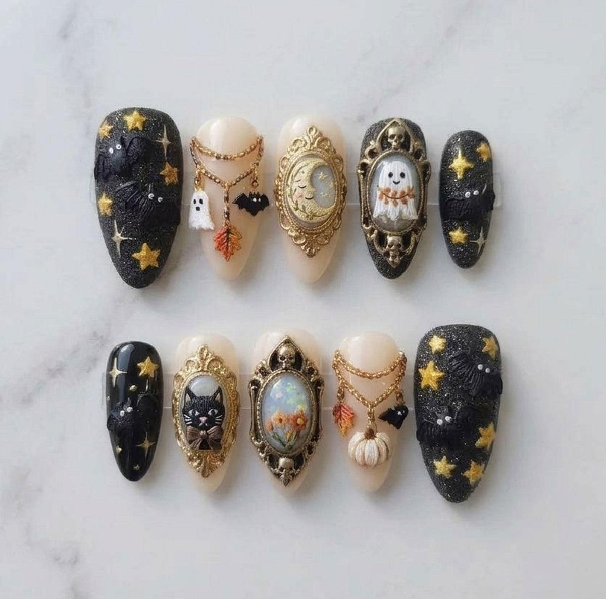 Custom Handmade Halloween Press-On Nails with Bat Ghost and Pumpkin Designs