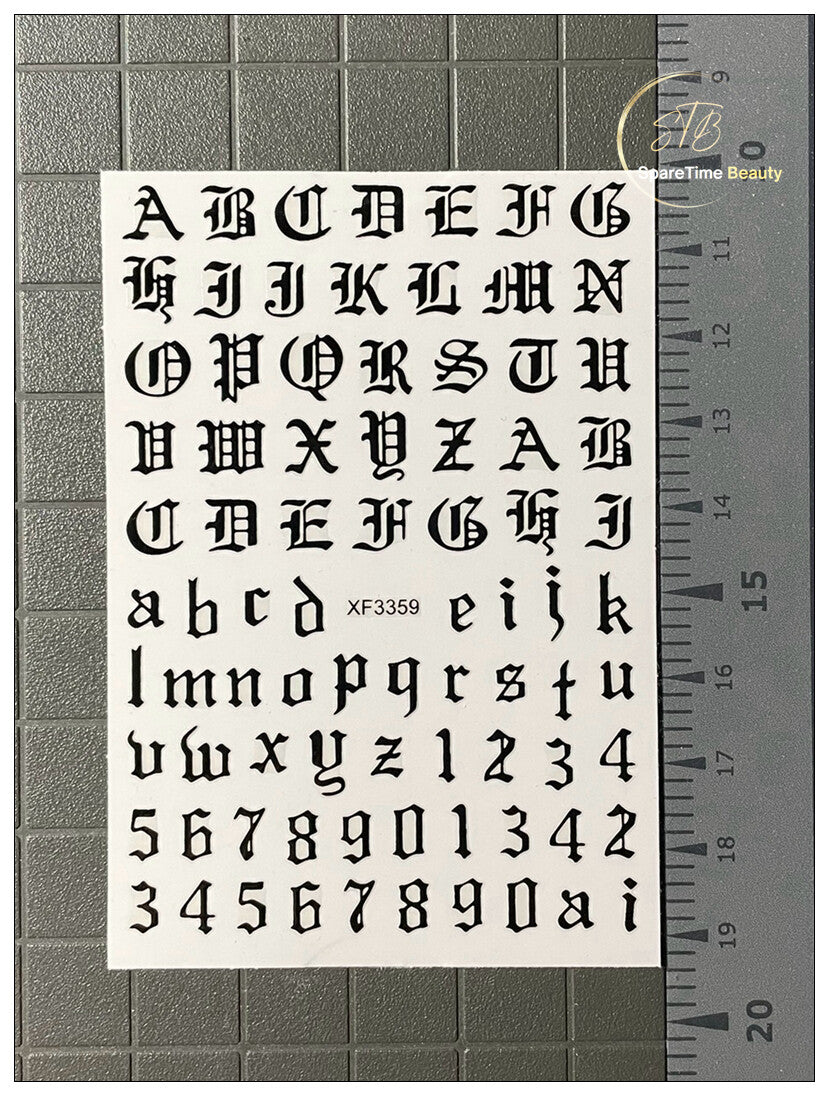 3D Nail Art Sticker Sheets - Latin Roman Alphabet Letters & Numbers - 9 Colors
