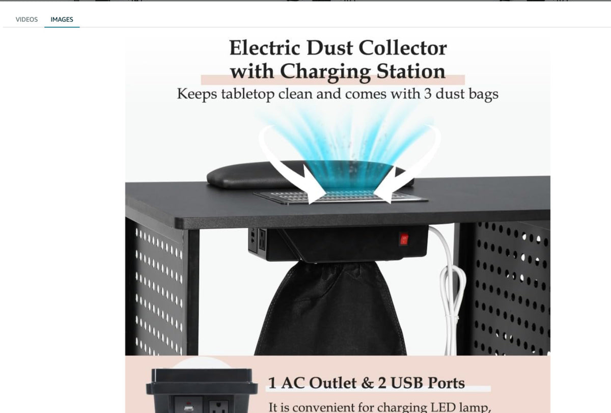 Manicure Table Nail Desk with Dust Collector & Charging Station - Salon & Home Use