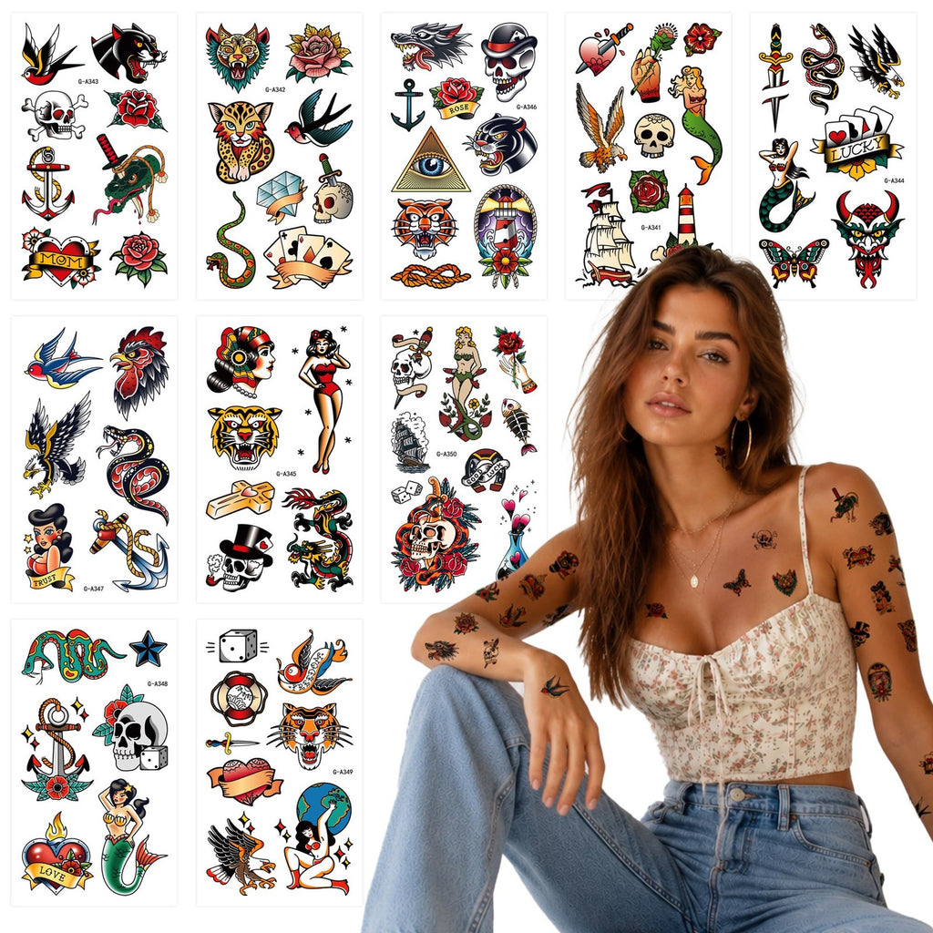 American Traditional Temporary Tattoos Set - 76 Small Old School Designs