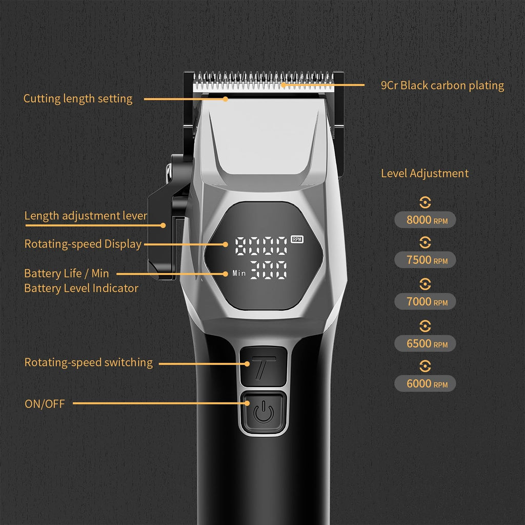 Professional Cordless Hair Clippers for Men - 8000RPM 5-Speed with Stainless Steel Blades