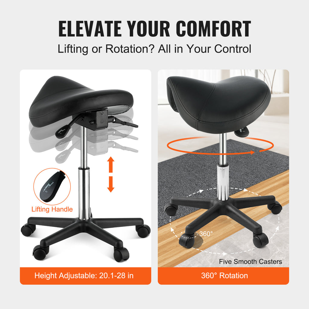 Ergonomic Saddle Stool with Wheels - Adjustable Height & PU Leather Seat