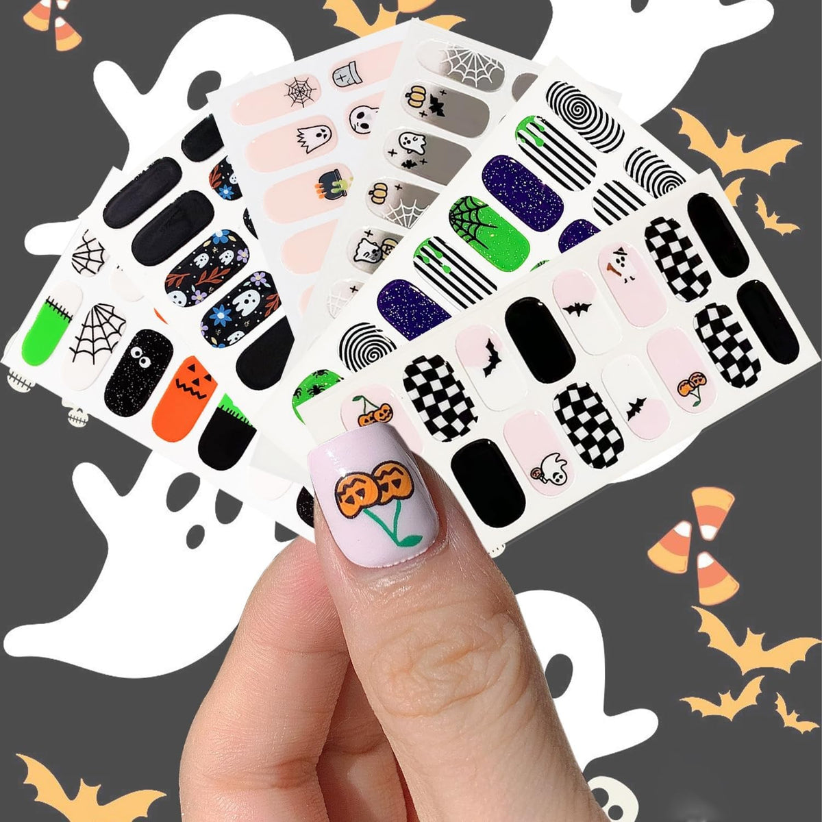 Halloween Gel Nail Wraps Set - Spider Web Ghost Flower Nail Stickers