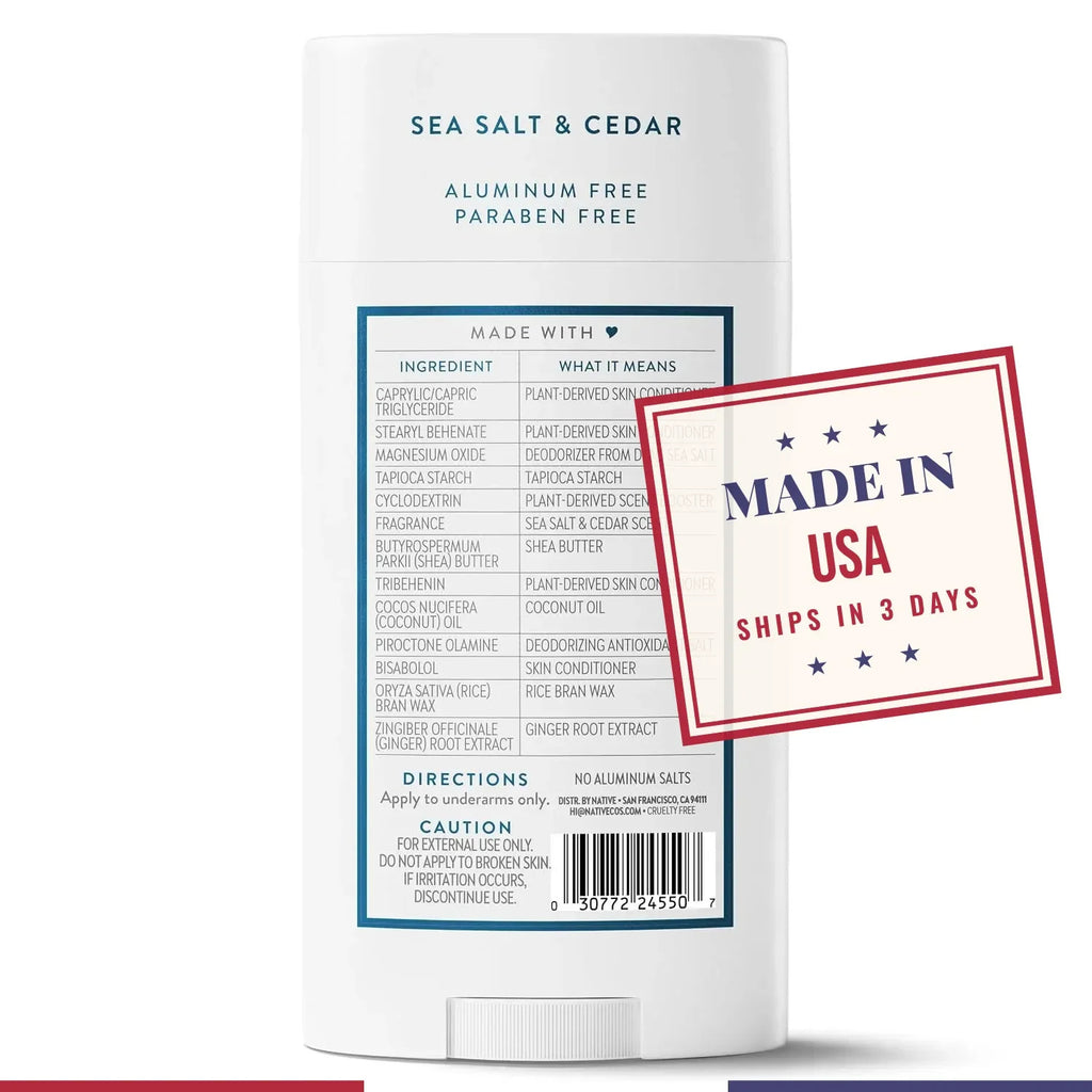 Native Aluminum-Free Deodorant with Sea Salt & Cedar - 72 Hour Odor Control, Large Stick