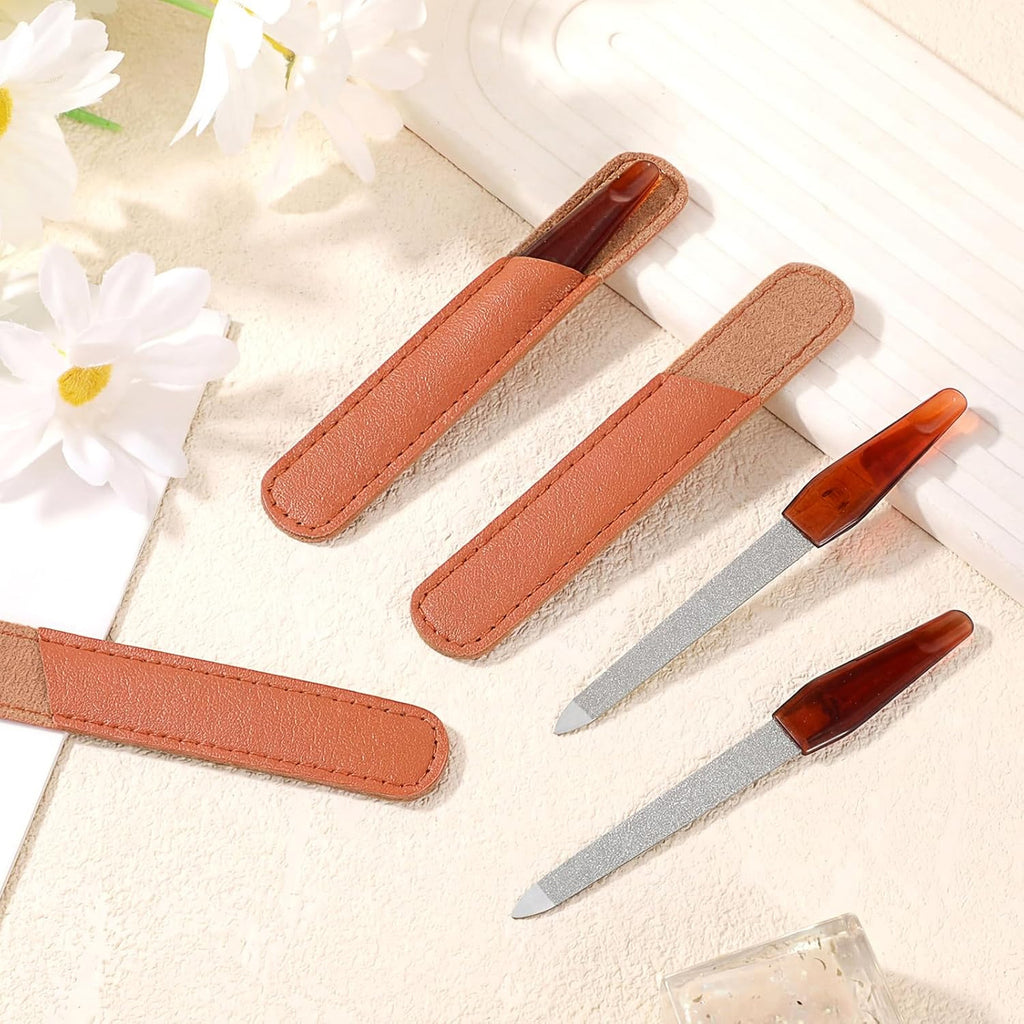 Metal Nail File Set with Sharp Pointed Tips & Leather Sheath Case - 3 Pack, 5 Inch