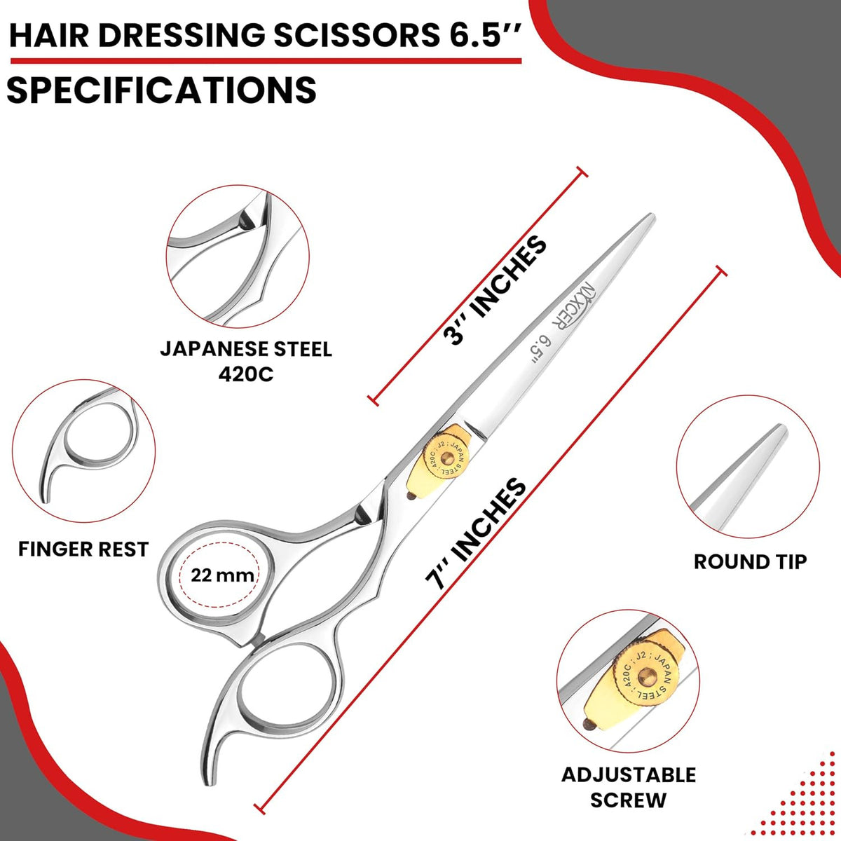 Professional Hair Cutting Scissors - 6.5 Inch Hairdressing Shears, Silver