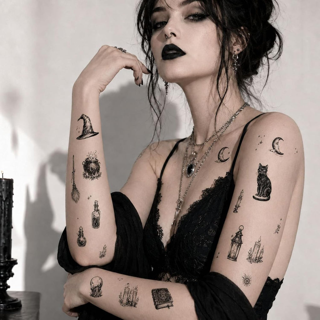 Dark Gothic Temporary Tattoos Set – Crow Skull Spider Bat Snake Full 4 Sheets