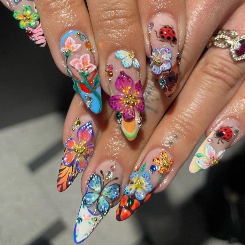 3D Floral Ladybug Press-On Nails Long Stiletto Colorful Garden Acrylic Nails