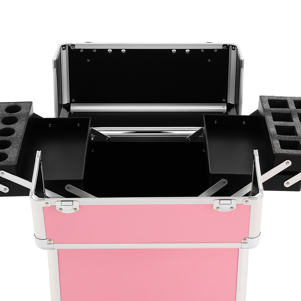 Pink Aluminum Travel Makeup Train Case with Wheels and Large Storage
