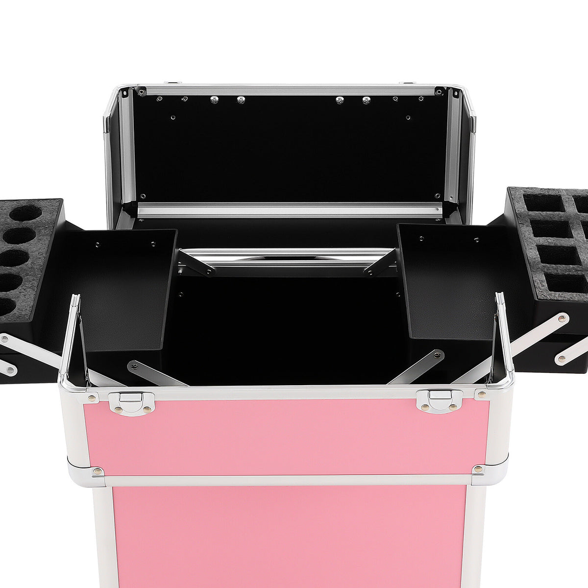 Pink Aluminum Travel Makeup Train Case with Wheels and Large Storage