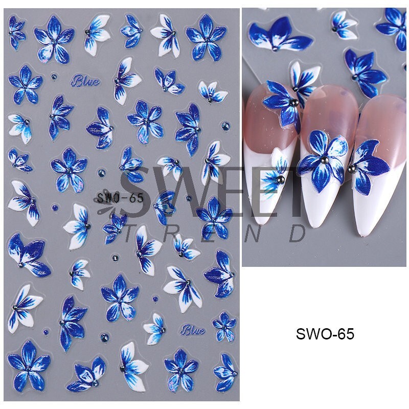Blue Lace Floral Nail Art Stickers Decals for DIY Nail Design - 2PCS