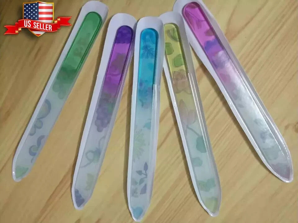 Glass Nail File Set with Case - Double Sided Crystal Manicure Tools, Colorful Flower Pattern