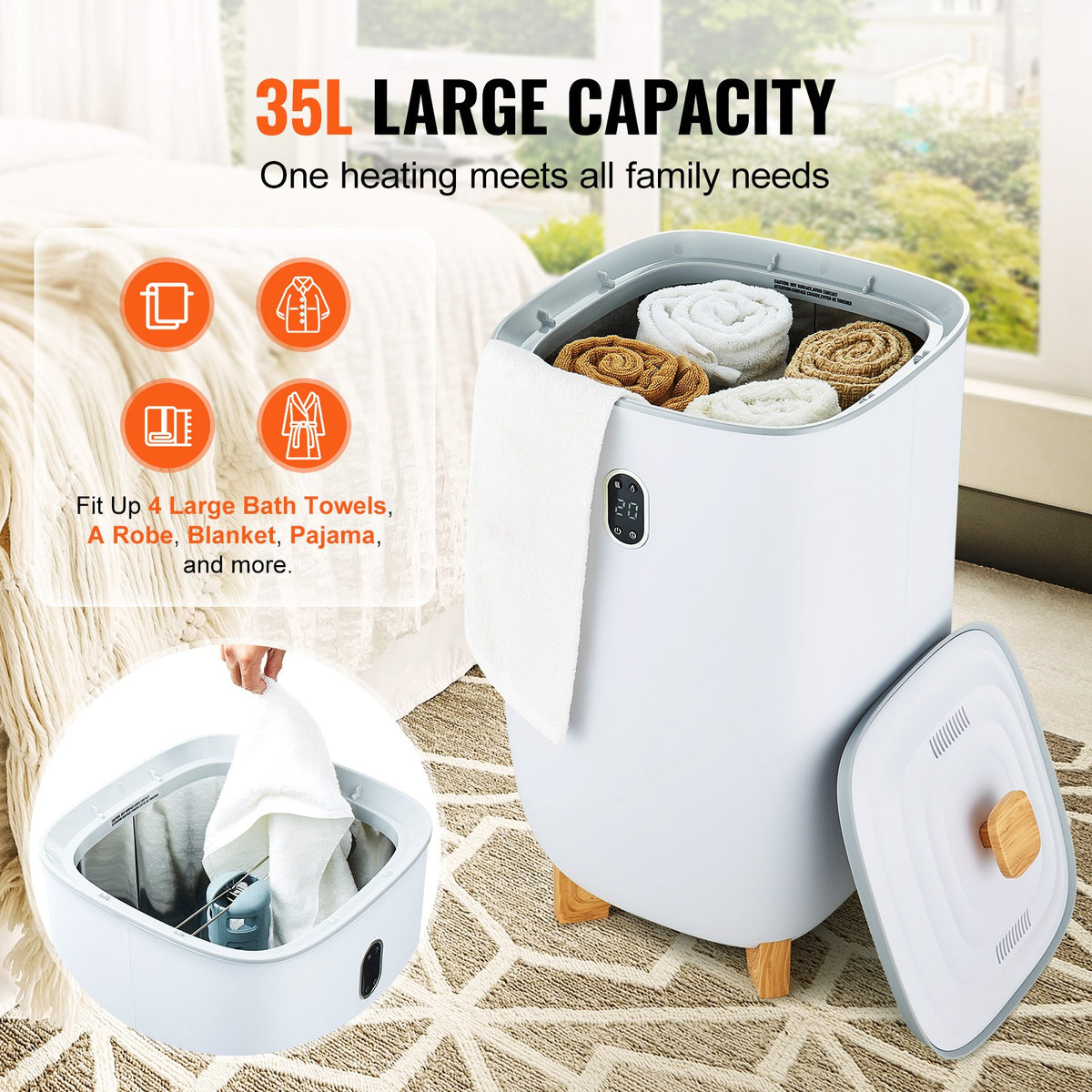 Large Towel Warmer Bucket 35L with LED Screen and Drying Function