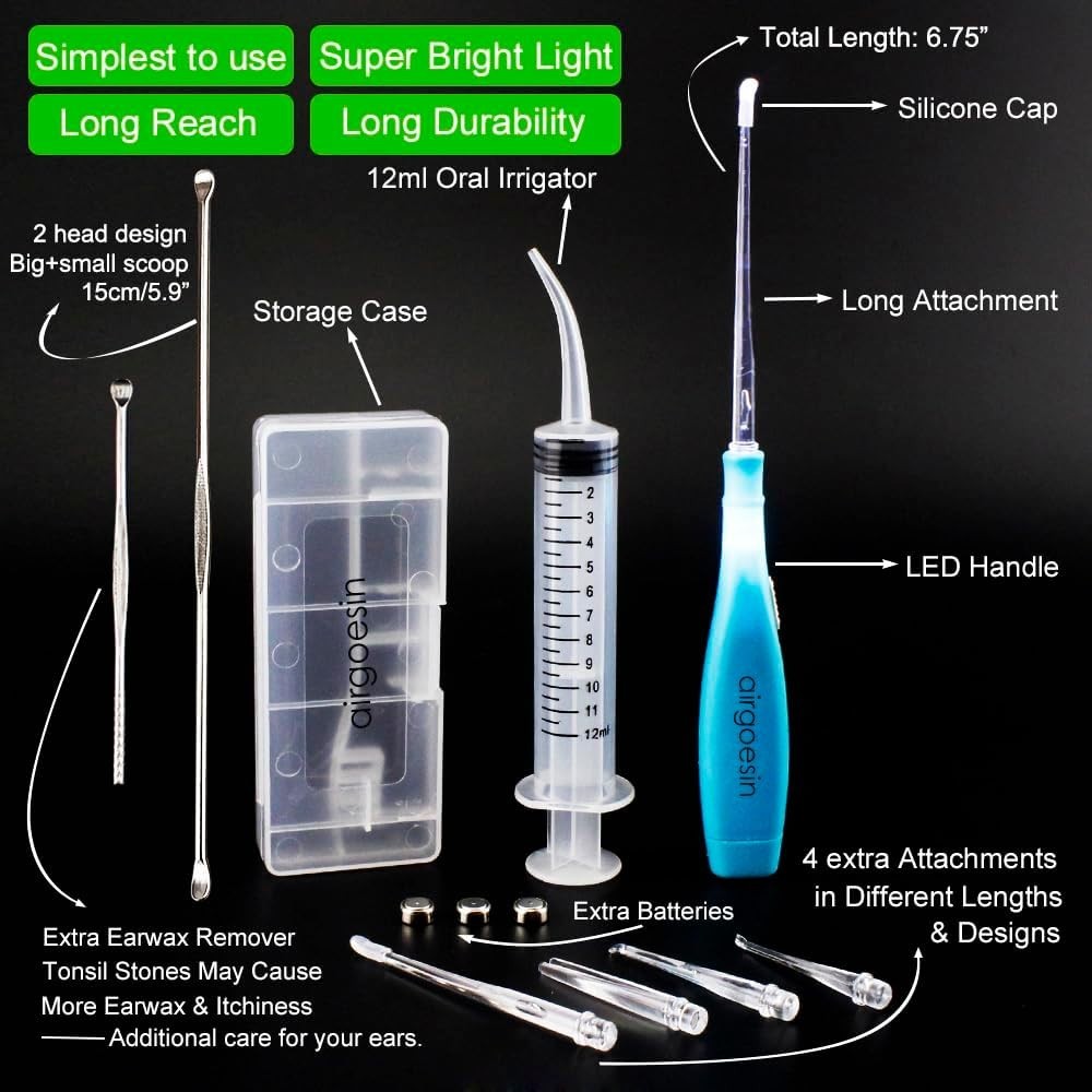 Portable LED Tonsil Stone Remover Tool with Oral Rinse & Case