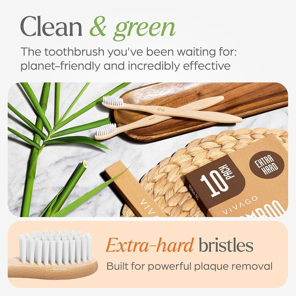 Extra Hard Adult Toothbrushes Pack of 10 with Natural Bamboo Handles