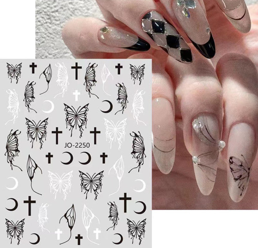 3D Holographic Butterfly Cross Nail Stickers - Black Silver Star Moon Adhesive Decals