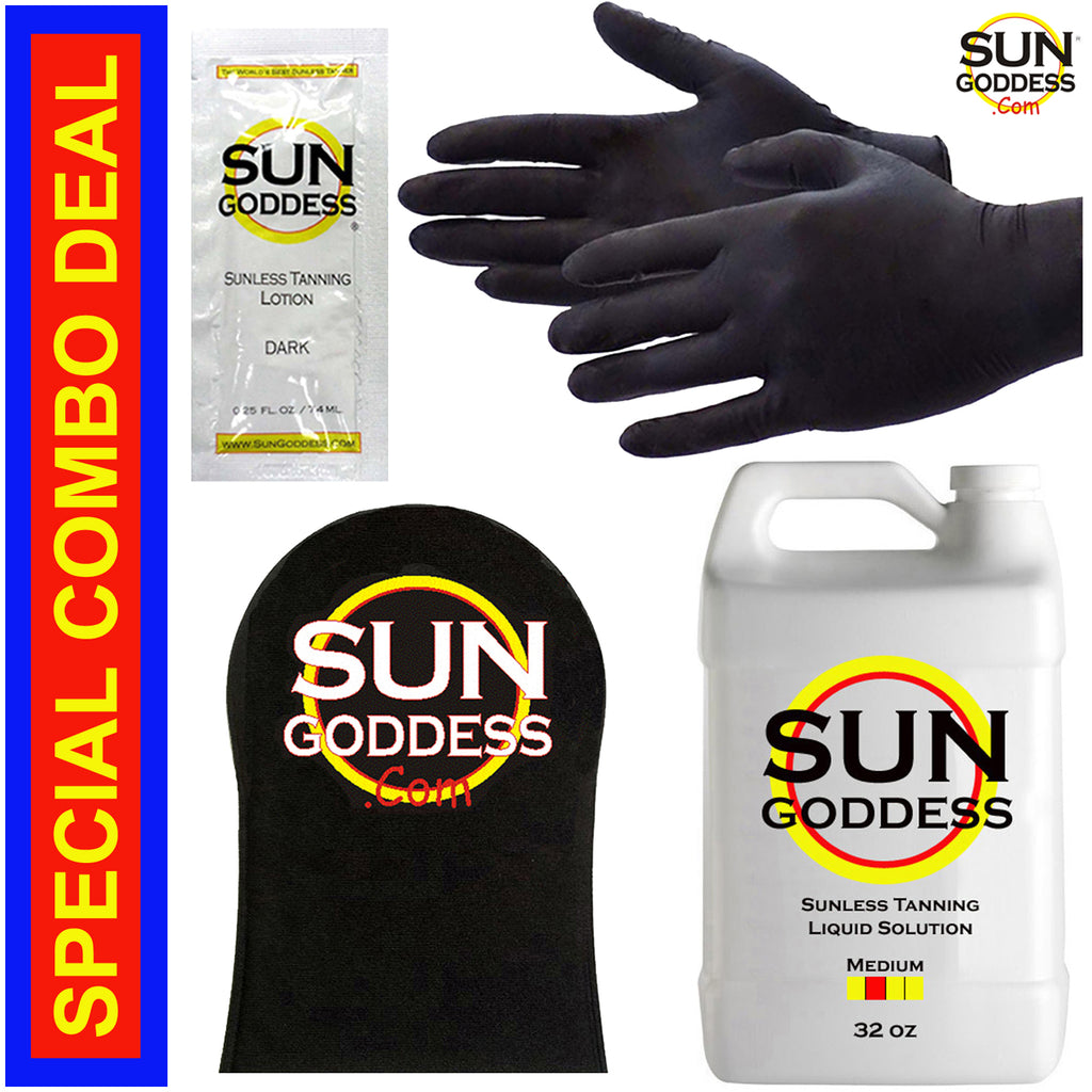 Medium Sunless Spray Tan Solution 32 oz with Free Applicator Mitt & Gloves
